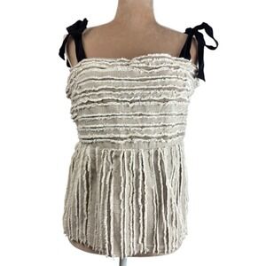 Anthropologie Maeve Cream Textured Fringe Tank with Black Tie Straps